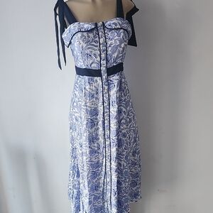 entro White Midi Dress with Blue Floral Print and Navy Accents